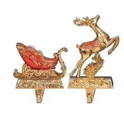 Roman Set Of 2 Red Gold Deer And Sleigh Christmas Stocking Holder 6"