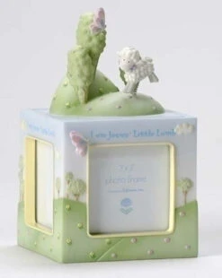 Roman 7" White And Green "I Am Jesus' Little Lamb" Baby Photo Frame Cube - 6544745