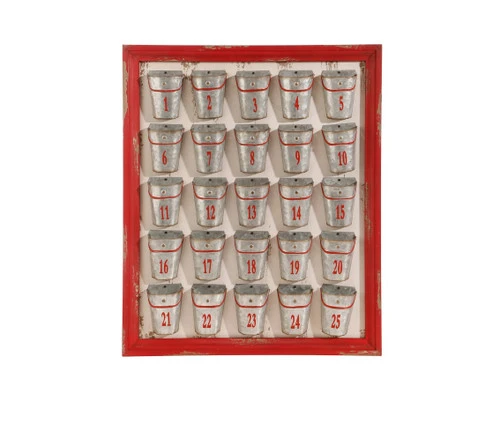 24" Red And Gray Weathered Bucket Christmas Advent Calendar