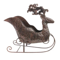 12.25" Bronze Folk Art Style Christmas Reindeer Sleigh Tabletop Planter