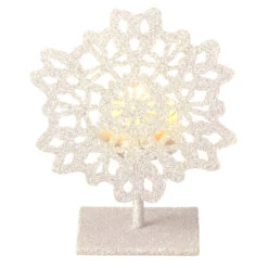5" Silent Luxury Off-White Glitter Drenched Snowflake Tea Light Candle Holder