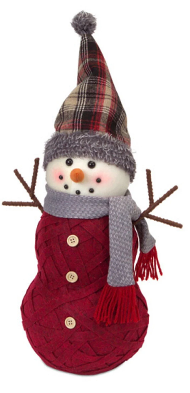 18.5" Woven Style Burgundy Snowman With Plaid Hat Christmas Tabletop Decorations 3 18.5" Woven Style Burgundy Snowman With Plaid Hat Christmas Tabletop Decorations