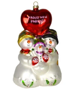 6.5" Red And White "Proud New Parents" Ornament Snowman Family Hand Blown Glass Figurine Ornament