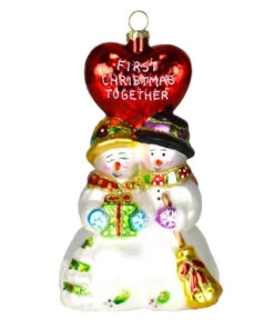 6.5" White And Red "First Christmas Together Ornament" Snowman Hand Blown Glass Figurine Ornament