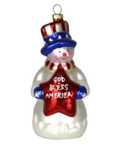 6.5” White Snowman With God Bless America Design Hand Blown Glass Hanging Figurine Ornament