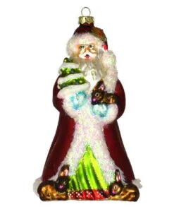 5.5” Red And White Father Christmas With Bunnies Hand Blown Glass Hanging Figurine Ornament