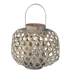 14" Brown And Clear Contemporary Woven Traditional Style Round Lantern