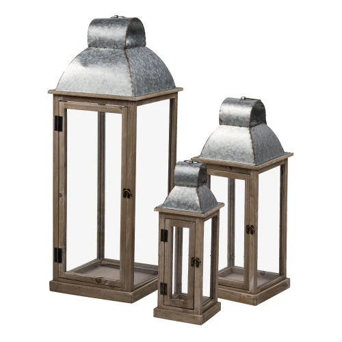 Set Of 3 Antique Silver And Brown Classic Lanterns 31.75" 3 Set Of 3 Antique Silver And Brown Classic Lanterns 31.75"