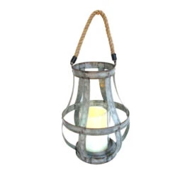 11.5" Silver Rustic Lantern Style Votive Candleholder With Jute Rope