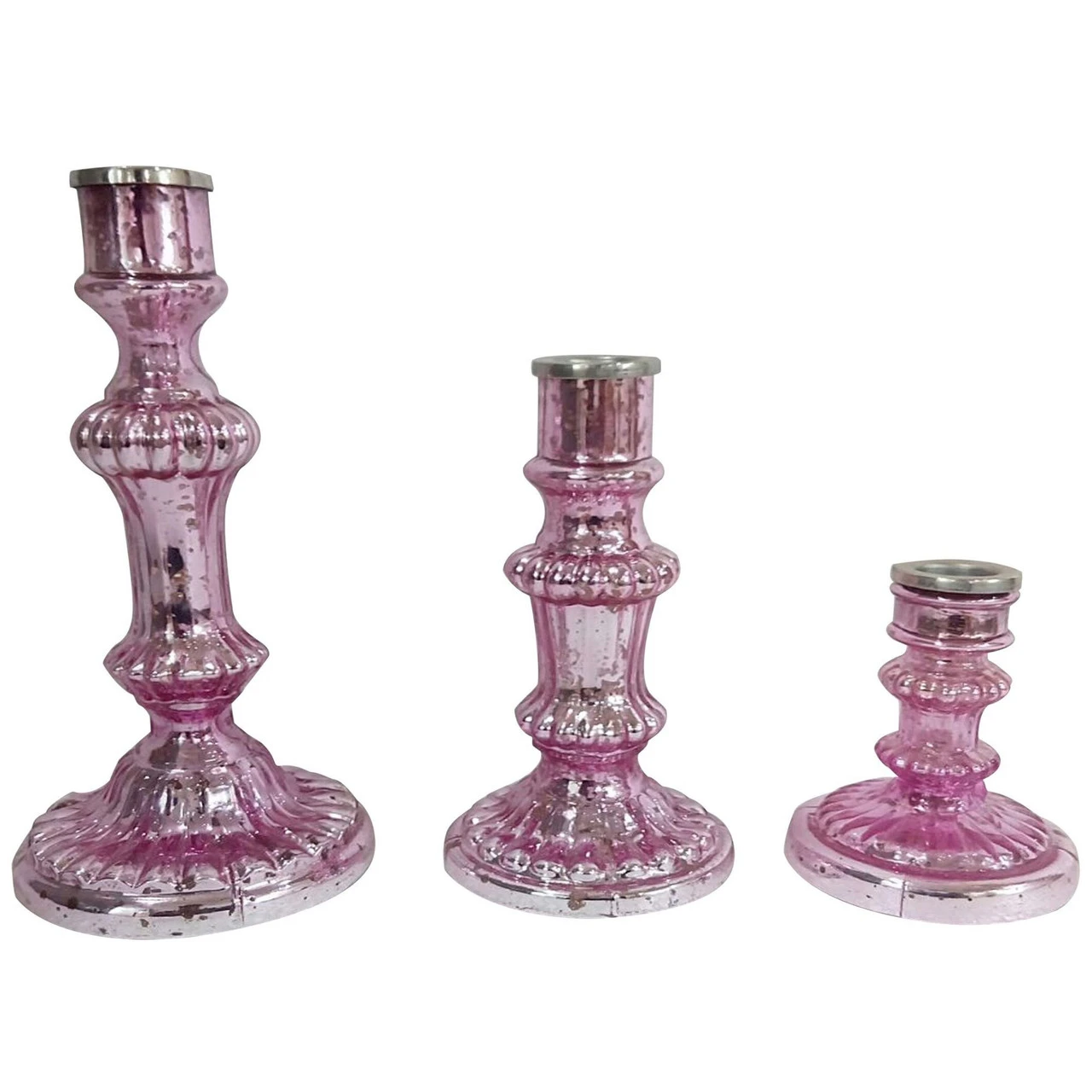 Set Of 3 Shiny Pink Antique Style Taper Candleholders 9.5" 3 Set Of 3 Shiny Pink Antique Style Taper Candleholders 9.5"