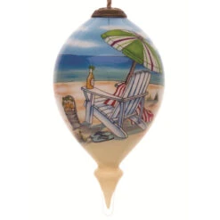 4.75” Blue And Beige Beach Themed Hand Painted Mouth Blown Glass Hanging Christmas Ornament