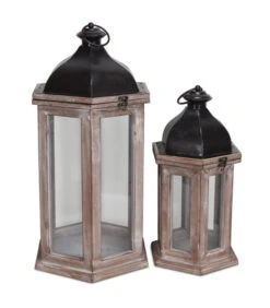 Set Of 2 Brown And Black Distressed Hexagonal Handmade Lantern With Metal Top 25"