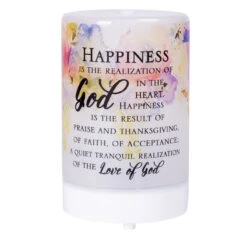 5.75” LED Frosted "Happiness” Religious Cylindrical Watercolor Essential Oil Diffuser