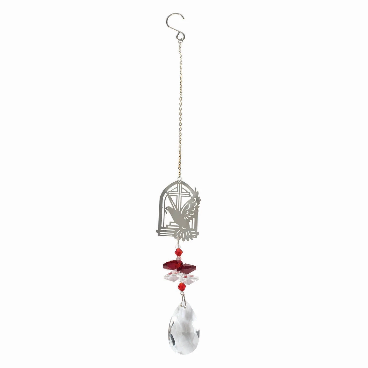 10" Hanging Red And White Crystal Sun Catcher With Metal Dove And Cross 3 10" Hanging Red And White Crystal Sun Catcher With Metal Dove And Cross