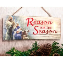 Christmas Central Red And Blue Reason For The Season Christmas Rectangular Sign With Rope Hanger 4" X 10" -Christmas Decoration Store dglow a1012 4 43903.1587644198