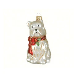 5.25" White Holly Berry Westie Hand Blown Glass Hanging Figurine Ornament - 33479819