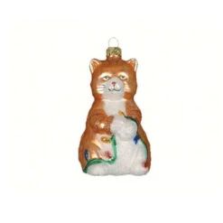 5.63" Orange And White Big Kitty Hand Blown Glass Hanging Figurine Ornament