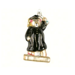 5.5” Black And Silver Graduation Bear Hand Blown Glass Hanging Figurine Ornament