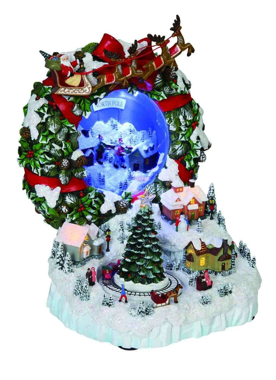 Set Of 2 White And Red Frosted Wreath Village With Mirrors 9.75" 3 Set Of 2 White And Red Frosted Wreath Village With Mirrors 9.75"