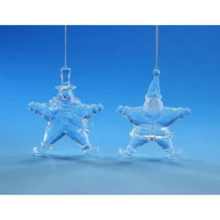 Set Of 4 Clear Santa And Snowman Star Hanging Christmas Ornament 5.25"
