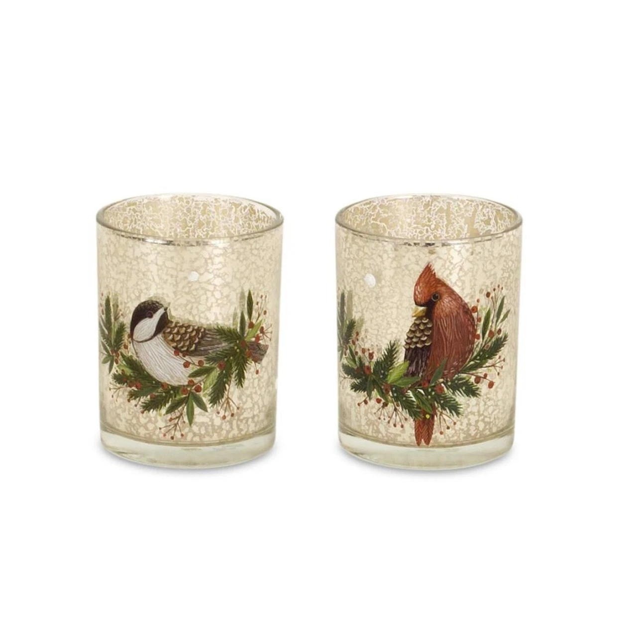 Set Of 6 Beige Cardinal And Chickadee Glass Votive Holders 5" 3 Set Of 6 Beige Cardinal And Chickadee Glass Votive Holders 5"