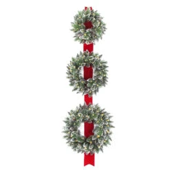 77" Pre-Lit Glittery Bristle Pine Triple Wreath Door Hang - LED Lights Battery Operated