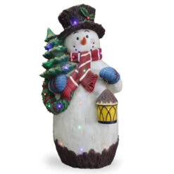 36" White Pre-Lit Snowman With Lantern Outdoor Christmas Decor