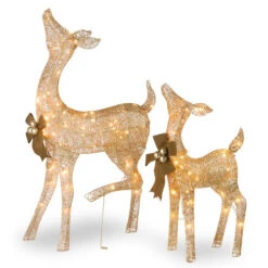 Christmas Central Set Of 2 LED Lighted Champagne Gold Fawn With Doe Outdoor Christmas Decoration 38"