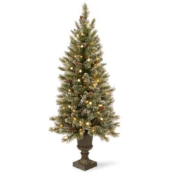 Christmas Central 5’ Pre-Lit Potted Glittery Bristle Pine Artificial Christmas Tree, White LED Lights