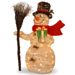 35" White Snowman Holding Gift And Broom Table Topper - Clear Lights