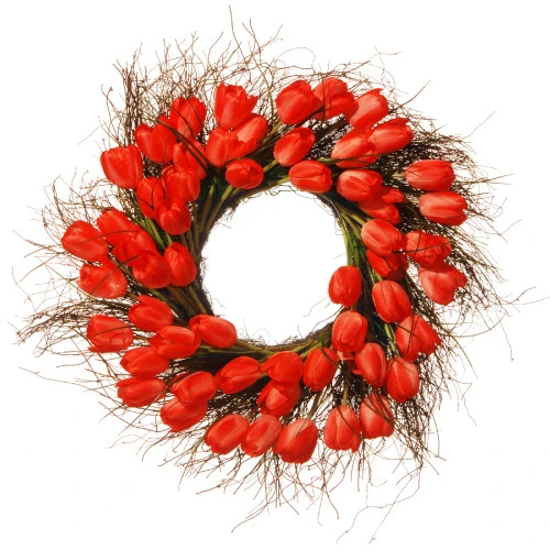 Tulip Artificial Floral Wreath, Red And Green 24-Inch 3 Tulip Artificial Floral Wreath, Red And Green 24-Inch