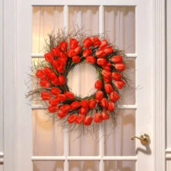 Tulip Artificial Floral Wreath, Red And Green 24-Inch 9 Tulip Artificial Floral Wreath, Red And Green 24-Inch -Christmas Decoration Store dnat ras hy55724w r1 4 72142.1631812642
