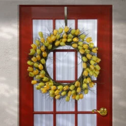 Tulip Artificial Floral Wreath, Yellow And Green 32-Inch -Christmas Decoration Store dnat ras hy55732w y1 4 31474.1631810846