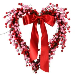 Pink And Red Berries With Ribbon Artificial Valentine Heart Wreath - 14-Inch, Unlit