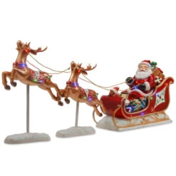 28.5" Pre-Lit Red Sleigh With Reindeer And Santa Tabletop Decor