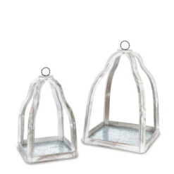 Set Of 2 Off-White Unique Wooden Candle Holder With Galvanized Metal Bottom, 21.5"
