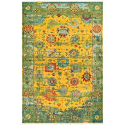 9' X 13' Floral Design Yellow And Green Rectangular Area Throw Rug