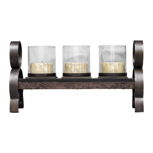 20” Matte Black And Antique Bronzed Metal Candle Holder With Three 2” Candles 3 20” Matte Black And Antique Bronzed Metal Candle Holder With Three 2” Candles