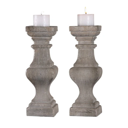 Set Of 2 Corin Stone Ivory Pillar Candle Holder 21” 3 Set Of 2 Corin Stone Ivory Pillar Candle Holder 21”