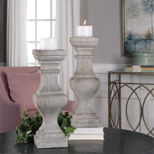 Set Of 2 Corin Stone Ivory Pillar Candle Holder 21” 4 Set Of 2 Corin Stone Ivory Pillar Candle Holder 21” - Image 2