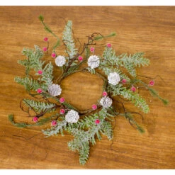 Set Of 4 Frosty Red Berry And Green Pine Cone Candle Ring