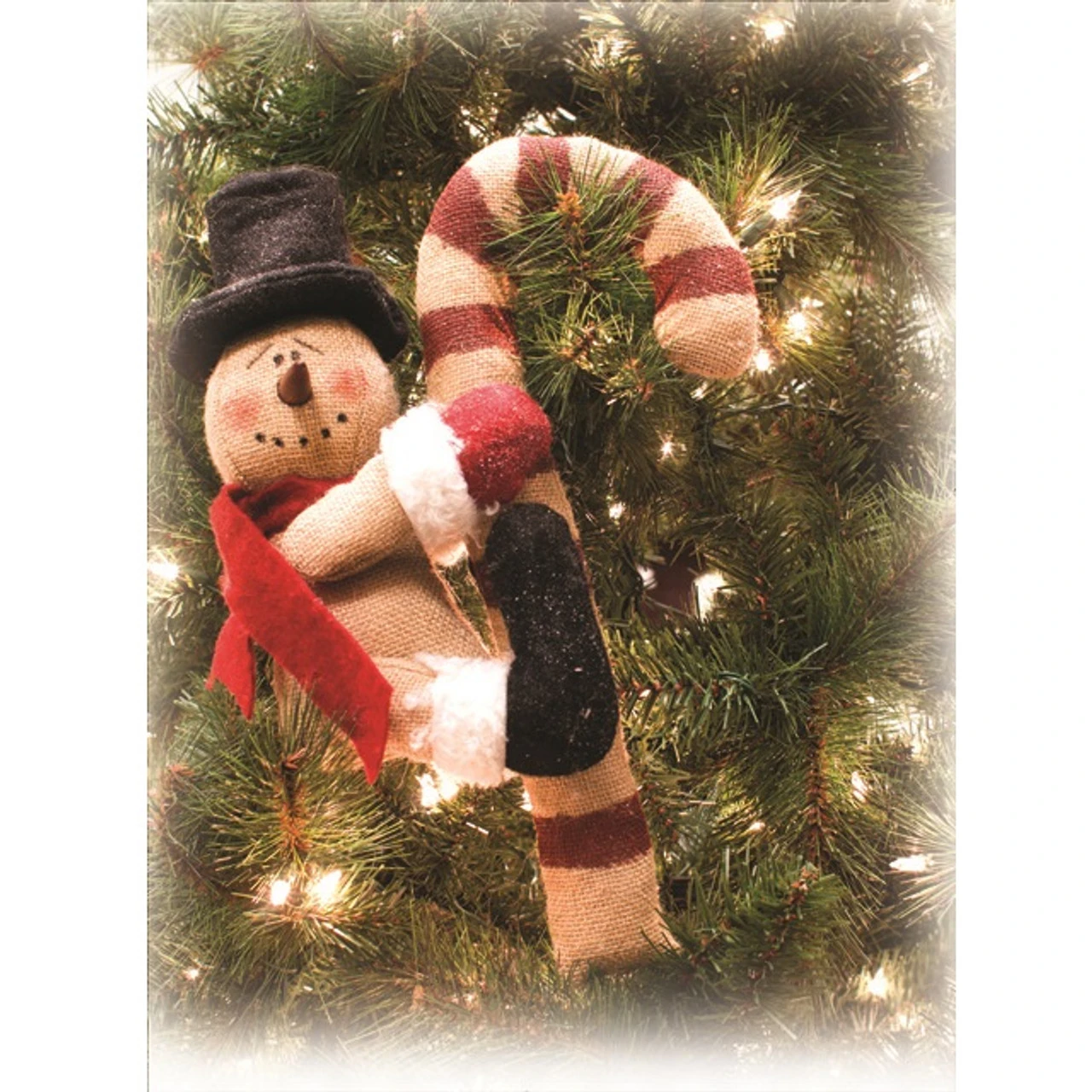 14" Beige Lovely Burlap Snowman With Decorative Candy Cane 3 14" Beige Lovely Burlap Snowman With Decorative Candy Cane