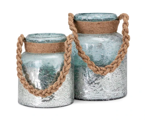 Set Of 2 Silver Mercury Glass Candle Lanterns With Braided Rope Handles 11.5" 3 Set Of 2 Silver Mercury Glass Candle Lanterns With Braided Rope Handles 11.5"