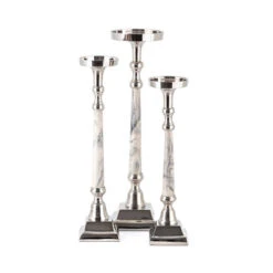 Set Of 3 White And Silver Colored Marble Texture Candle Holders 19"