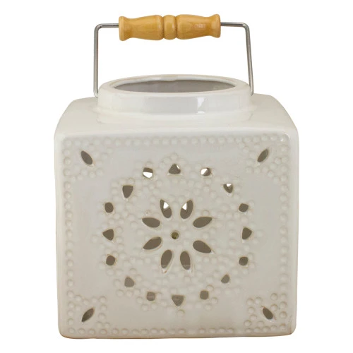 6.75" White Crackle Finish Square Mosaic Cut Out Candle Lantern 5 6.75" White Crackle Finish Square Mosaic Cut Out Candle Lantern - Image 3