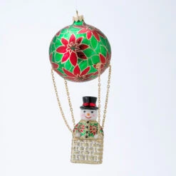 Kurt Adler 8.25" Red And Green Frosty Skies Poinsettias Snowman Glass Christmas Ornament