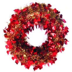 Red And Gold Leaf Artificial Thanksgiving Tinsel Wreath, 24-Inch