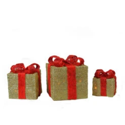 Northlight Set Of 3 Lighted Gold And Red Gift Boxes Christmas Outdoor Decorations 10"