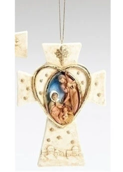 Roman 5.5" Ivory And Gold Inspirational Holy Family Heart Cross Christmas Ornament