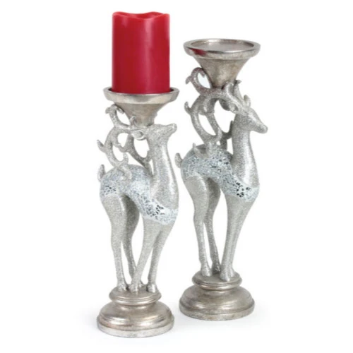 Melrose Set Of 2 Silver Deer Christmas Pillar Candle Holders 14.25" 3 Melrose Set Of 2 Silver Deer Christmas Pillar Candle Holders 14.25"